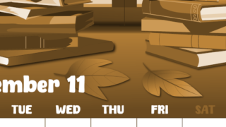 2026年11月縦型レトロな月曜始まり 本イラストのかわいいA4無料セピア調カレンダー(2026-00741111)