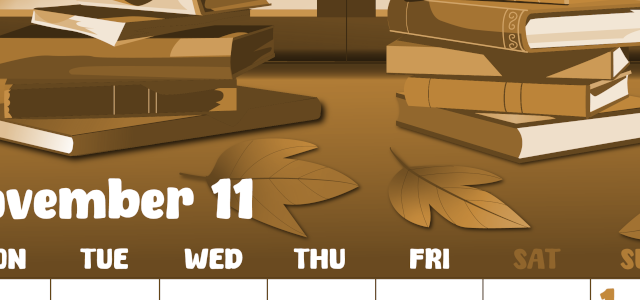 2026年11月縦型レトロな月曜始まり 本イラストのかわいいA4無料セピア調カレンダー(2026-00741111)