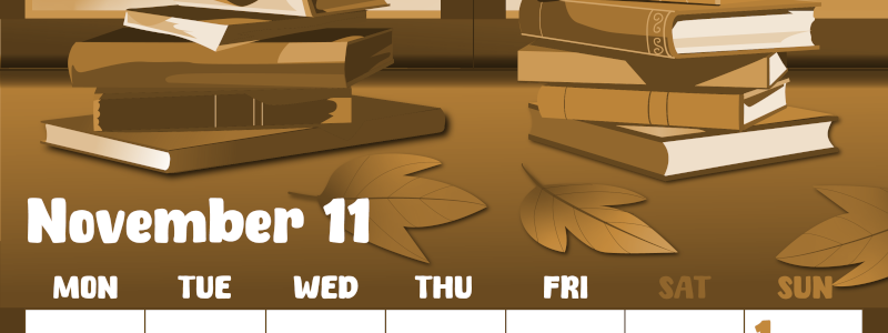 2026年11月縦型レトロな月曜始まり 本イラストのかわいいA4無料セピア調カレンダー(2026-00741111)