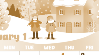 2026年1月縦型レトロな日曜始まり イラストのかわいいA4無料セピア調カレンダー(2026-00740110)