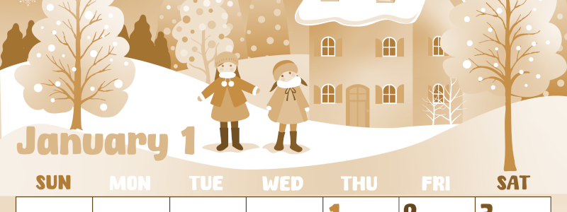 2026年1月縦型レトロな日曜始まり イラストのかわいいA4無料セピア調カレンダー(2026-00740110)