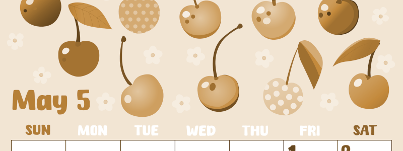 2026年5月縦型レトロな日曜始まり サクランボイラストのかわいいA4無料セピア調カレンダー(2026-00740510)