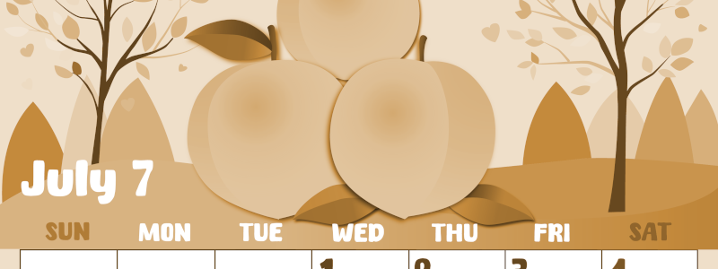 2026年7月縦型レトロな日曜始まり 桃イラストのかわいいA4無料セピア調カレンダー(2026-00740710)