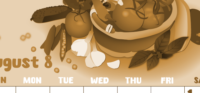 2026年8月縦型レトロな日曜始まり 野菜イラストのかわいいA4無料セピア調カレンダー(2026-00740810)