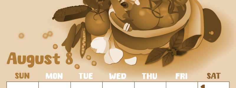 2026年8月縦型レトロな日曜始まり 野菜イラストのかわいいA4無料セピア調カレンダー(2026-00740810)