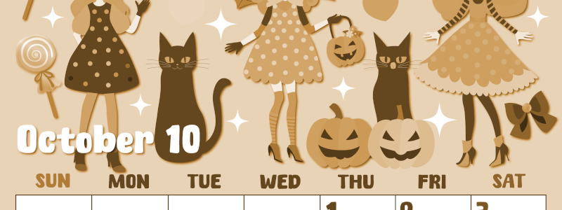 2026年10月縦型レトロな日曜始まり  ポップなイラストのかわいいA4無料セピア調カレンダー(2026-00741010)