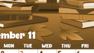 2026年11月縦型レトロな日曜始まり 本イラストのかわいいA4無料セピア調カレンダー(2026-00741110)