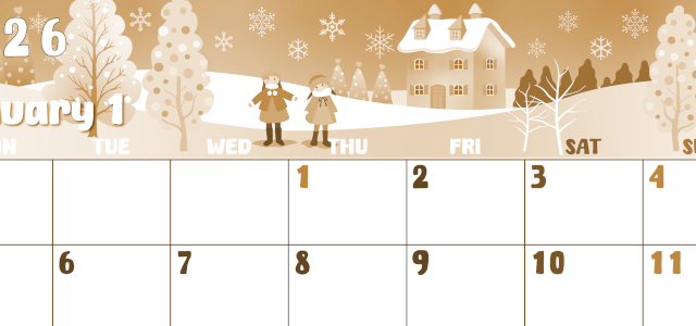 2026年1月横型レトロな月曜始まり イラストのかわいいA4無料セピア調カレンダー(2026-00740101)