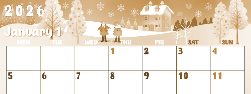 2026年1月横型レトロな月曜始まり イラストのかわいいA4無料セピア調カレンダー(2026-00740101)