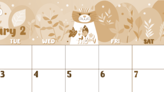 2026年2月横型レトロな月曜始まり イラストのかわいいA4無料セピア調カレンダー(2026-00740201)