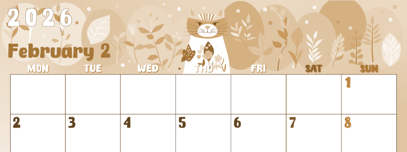 2026年2月横型レトロな月曜始まり イラストのかわいいA4無料セピア調カレンダー(2026-00740201)