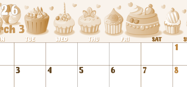 2026年3月横型レトロな月曜始まり イラストのかわいいA4無料セピア調カレンダー(2026-00740301)