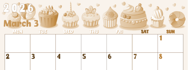 2026年3月横型レトロな月曜始まり イラストのかわいいA4無料セピア調カレンダー(2026-00740301)