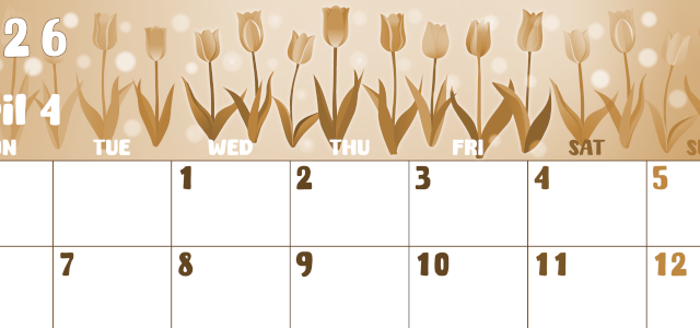 2026年4月横型レトロな月曜始まり チューリップイラストのかわいいA4無料セピア調カレンダー(2026-00740401)