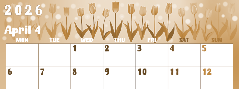 2026年4月横型レトロな月曜始まり チューリップイラストのかわいいA4無料セピア調カレンダー(2026-00740401)