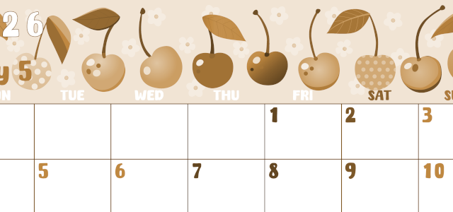 2026年5月横型レトロな月曜始まり サクランボイラストのかわいいA4無料セピア調カレンダー(2026-00740501)