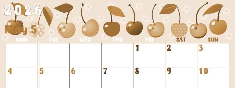 2026年5月横型レトロな月曜始まり サクランボイラストのかわいいA4無料セピア調カレンダー(2026-00740501)