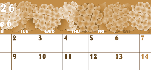 2026年6月横型レトロな月曜始まり アジサイイラストのかわいいA4無料セピア調カレンダー(2026-00740601)