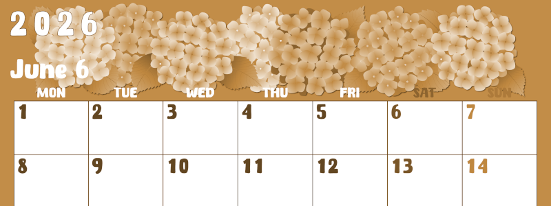 2026年6月横型レトロな月曜始まり アジサイイラストのかわいいA4無料セピア調カレンダー(2026-00740601)