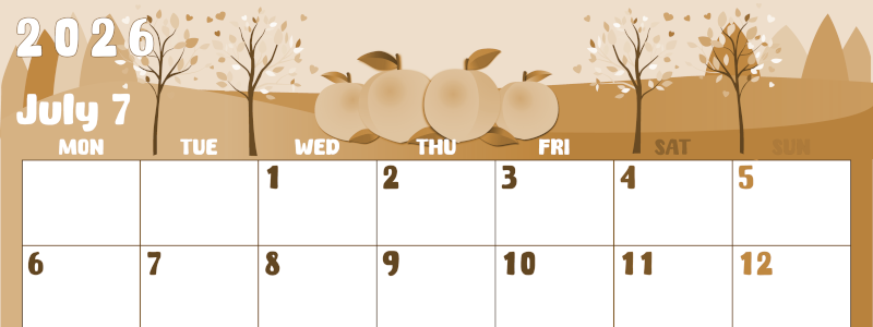 2026年7月横型レトロな月曜始まり 桃イラストのかわいいA4無料セピア調カレンダー(2026-00740701)