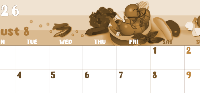 2026年8月横型レトロな月曜始まり 野菜イラストのかわいいA4無料セピア調カレンダー(2026-00740801)