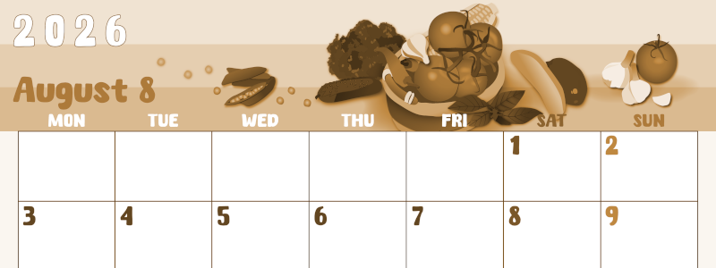 2026年8月横型レトロな月曜始まり 野菜イラストのかわいいA4無料セピア調カレンダー(2026-00740801)