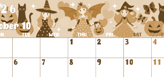 2026年10月横型レトロな月曜始まり ポップなイラストのかわいいA4無料セピア調カレンダー(2026-00741001)