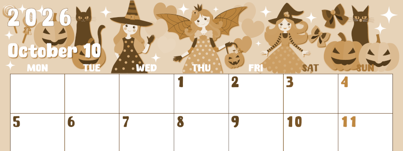 2026年10月横型レトロな月曜始まり ポップなイラストのかわいいA4無料セピア調カレンダー(2026-00741001)