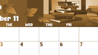 2026年11月横型レトロな月曜始まり 本イラストのかわいいA4無料セピア調カレンダー(2026-00741101)