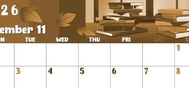 2026年11月横型レトロな月曜始まり 本イラストのかわいいA4無料セピア調カレンダー(2026-00741101)
