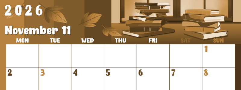 2026年11月横型レトロな月曜始まり 本イラストのかわいいA4無料セピア調カレンダー(2026-00741101)