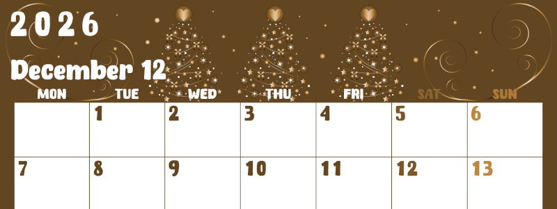 2026年12月横型レトロな月曜始まり ツリーイラストのかわいいA4無料セピア調カレンダー(2026-00741201)