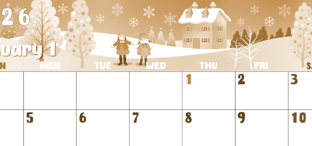 2026年1月横型レトロな日曜始まり イラストのかわいいA4無料セピア調カレンダー(2026-00740100)