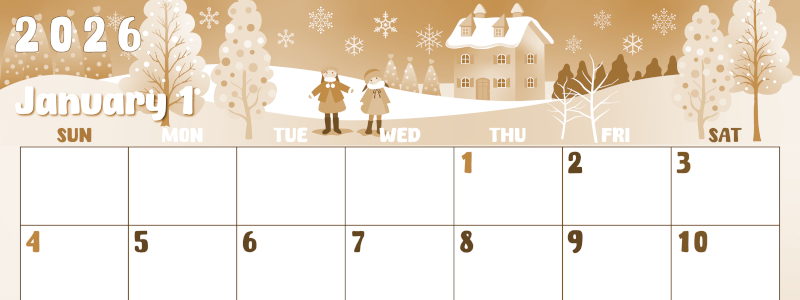 2026年1月横型レトロな日曜始まり イラストのかわいいA4無料セピア調カレンダー(2026-00740100)