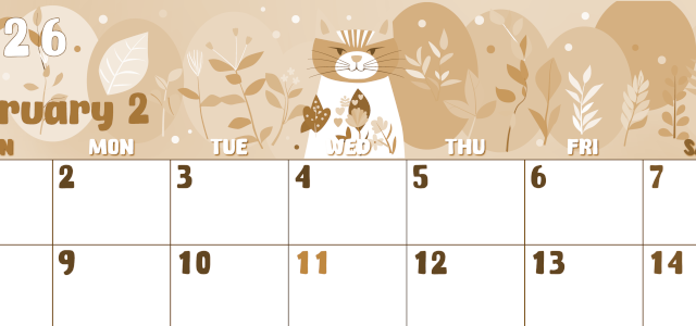 2026年2月横型レトロな日曜始まり イラストのかわいいA4無料セピア調カレンダー(2026-00740200)