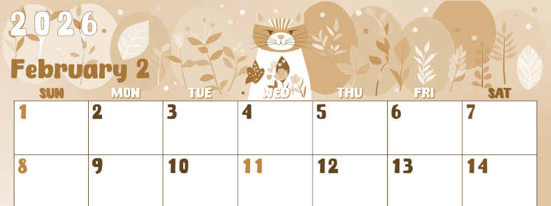 2026年2月横型レトロな日曜始まり イラストのかわいいA4無料セピア調カレンダー(2026-00740200)