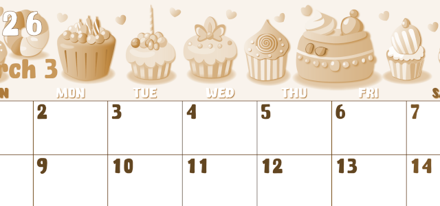 2026年3月横型レトロな日曜始まり イラストのかわいいA4無料セピア調カレンダー(2026-00740300)