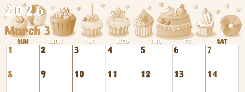 2026年3月横型レトロな日曜始まり イラストのかわいいA4無料セピア調カレンダー(2026-00740300)