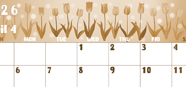 2026年4月横型レトロな日曜始まり チューリップイラストのかわいいA4無料セピア調カレンダー(2026-00740400)