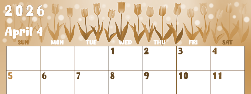 2026年4月横型レトロな日曜始まり チューリップイラストのかわいいA4無料セピア調カレンダー(2026-00740400)