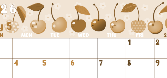 2026年5月横型レトロな日曜始まり サクランボイラストのかわいいA4無料セピア調カレンダー(2026-00740500)