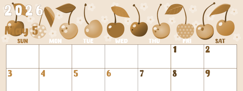 2026年5月横型レトロな日曜始まり サクランボイラストのかわいいA4無料セピア調カレンダー(2026-00740500)