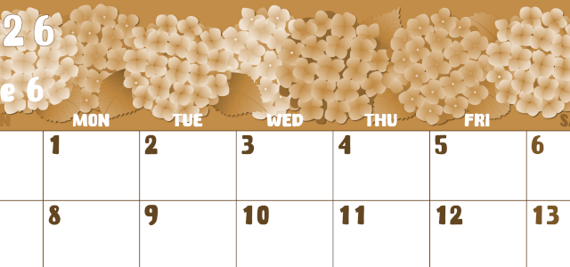 2026年6月横型レトロな日曜始まり アジサイイラストのかわいいA4無料セピア調カレンダー(2026-00740600)