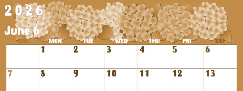 2026年6月横型レトロな日曜始まり アジサイイラストのかわいいA4無料セピア調カレンダー(2026-00740600)