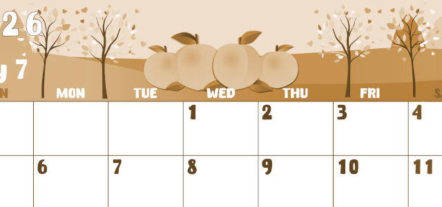 2026年7月横型レトロな日曜始まり 桃イラストのかわいいA4無料セピア調カレンダー(2026-00740700)