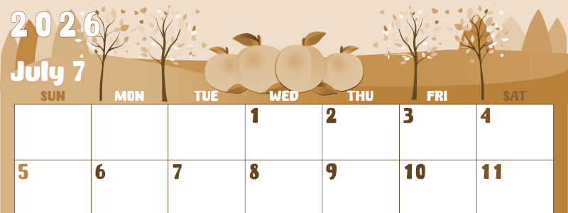 2026年7月横型レトロな日曜始まり 桃イラストのかわいいA4無料セピア調カレンダー(2026-00740700)
