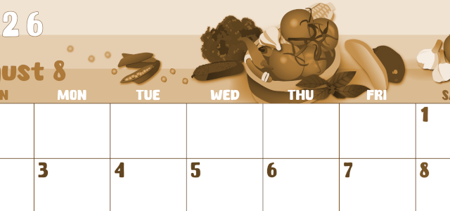 2026年8月横型レトロな日曜始まり 野菜イラストのかわいいA4無料セピア調カレンダー(2026-00740800)