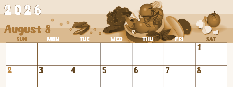 2026年8月横型レトロな日曜始まり 野菜イラストのかわいいA4無料セピア調カレンダー(2026-00740800)