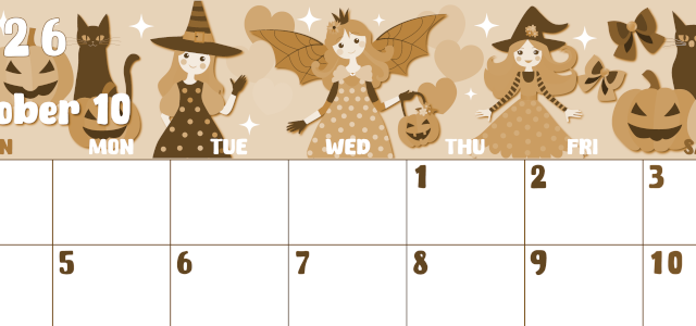 2026年10月横型レトロな日曜始まり  ポップなイラストのかわいいA4無料セピア調カレンダー(2026-00741000)