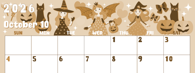 2026年10月横型レトロな日曜始まり  ポップなイラストのかわいいA4無料セピア調カレンダー(2026-00741000)